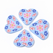 Handmade Polymer Clay Cabochons, Heart with Flower, Light Sky Blue, 17~22x20~23x2mm(X-CLAY-S092-53B)