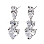 Heart Clear Cubic Zirconia Drop Earring, Dainty Dangle Stud Earrings for Her, Cadmium Free & Lead Free, Platinum, 28.5mm, Pin: 0.8mm(EJEW-C002-06P-RS)