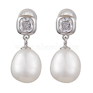 Natural Pearl Ear Studs, with Sterling Silver Micro Pave Clear Cubic Zirconia Findings, Oval, Platinum, 19x9mm(EJEW-P286-11P)