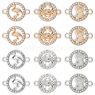 36Pcs 6 Styles Alloy Crystal Rhinestone Connector Charms, Flat Round Links, Platinum & Light Gold, 16x22.5~23x2.5~3mm, Hole: 2~2.5mm, 6pcs/style(FIND-SC0007-42)