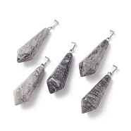 Natural Map Stone Pointed Pendants, with Platinum Plated Brass Loops, Bullet, 35.3~38x13~14mm, Hole: 6.5x2.8mm(G-I314-02P-09)