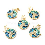 Rack Plating Brass Micro Pave Cubic Zirconia Pendants, Cadmium Free & Lead Free & Nickle Free, with Enamel and Jump Ring, Real 18K Gold Plated, Flat Round with Deer, Blue, 25.5x21x3mm, Jump Ring: 5x0.6mm, Inner Diameter: 3.5mm(KK-M230-34G)