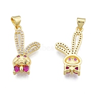 Brass Micro Pave Cubic Zirconia Pendants, Rabbit with Bowknot, Real 18K Gold Plated, 26x13x3mm, Hole: 3.5x4mm(KK-G431-06G)