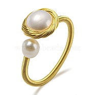Natural Pearl Open Cuff Ring, Brass Wire Wrap Finger Ring, Real 14K Gold Plated, US Size 11 1/4(20.7mm)(RJEW-H220-13G)