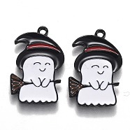 Halloween Theme Alloy Enamel Pendants, White Ghost with Black Witch Hat and Broom, Electrophoresis Black, 22.5x14.5x1.5mm, Hole: 1.6mm(ENAM-J649-03B)
