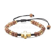 Adjustable Braided Bead Bracelets, with Natural Wood Beads, Electroplate Non-magnetic Synthetic Hematite Beads and Tibetan Style Cross Alloy Beads, Golden, Inner Diameter: 2-1/4~3-7/8 inch(5.6~9.8cm)(BJEW-JB07012)