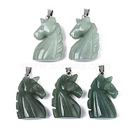 Carved Natural Green Aventurine Pendants, with Stainless Steel Bails, Unicorn, Stainless Steel Color, 38~41x11~14x24~25mm, Hole: 9x4mm(G-N0327-002I)