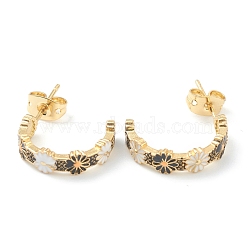 Semicircular Brass Enamel Half Hoop Earrings, with Ear Nuts, Daisy, Black & White, Golden, 20x4mm, Pin: 0.7mm(EJEW-L234-036G)