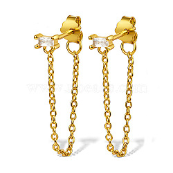 Real 18K Gold Plated 925 Sterling Silver Chains Front Back Stud Earrings, with Rectangle Cubic Zirconia, Clear, 48x4mm(PA4661-2)