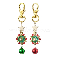 Christmas Wreath Glass Seed Pendant Decorations with Bell, Alloy Swivel Clasp Charm for Bag Key Ornaments, Mixed Color, 80mm, 2pcs/set(HJEW-MZ00077)