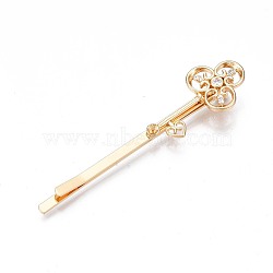 Brass Micro Pave Clear Cubic Zirconia Hair Bobby Pin Findings, Nickel Free, Flower, Real 18K Gold Plated, 63.5x15x7mm, Pin: 0.7mm(for Half Drilled Beads)(MAK-N232-002)