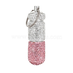 Aluminum Alloy Small Portable Multi-use Box Keychain, with Rhinestone, Column, for Cotton Swab, Toothpick, Light Rose, 69x22mm(PW-WG46917-03)