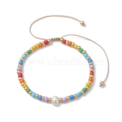Rainbow Style Glass Seed Beads Braided Bead Bracelets for Women, with Natural Cultured Freshwater Pearl Beads, Colorful, 1/8~1/4 inch(0.3~0.6cm), Inner Diameter: 3 inch(7.5cm)(BJEW-JB10064)