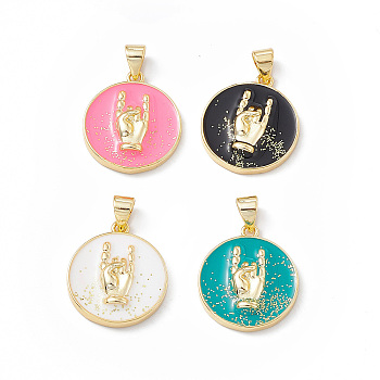 Rack Plating Brass Enamel Pendants, with Glitter Powder, Long-Lasting Plated, Real 18K Gold Plated, Flat Round with Rock Hand Gesture Charm, Mixed Color, 21.5x16.5x3.5mm, Hole: 4x3mm
