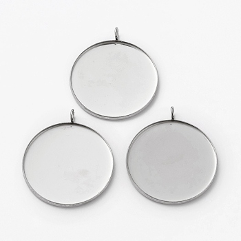 304 Stainless Steel Pendant Cabochon Settings, Flat Round, Stainless Steel Color, 31.5x26.5x2mm, Hole: 3mm, Tray: 25mm