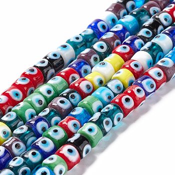 Handmade Evil Eye Lampwork Beads Strands, Column, Colorful, 7.5~8.5x5~6mm, Hole: 1.4mm, about 39~40pcs/strand, 9.06~9.45 inch(23~24cm)