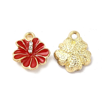 Alloy Enamel Charms, with Crystal Rhinestone, Cadmium Free & Nickel Free & Lead Free, Hibiscus Flower Charm, Light Gold, Red, 14x12x4mm, Hole: 1.6mm