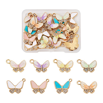 32Pcs 8 Style Alloy Enamel Rhinestones Pendants, Butterfly Shape, Light Gold, Mixed Color, 4Pcs/Style