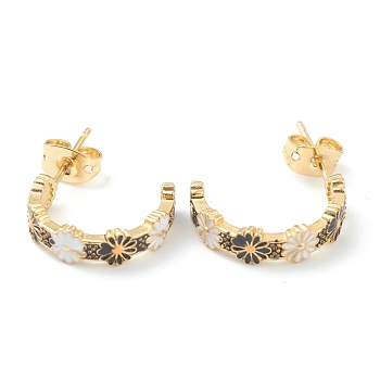 Semicircular Brass Enamel Half Hoop Earrings, with Ear Nuts, Daisy, Black & White, Golden, 20x4mm, Pin: 0.7mm