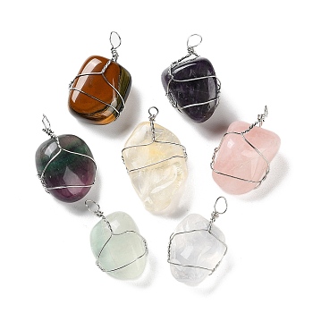Natural Mixed Stone Copper Wire Wrapped Pendants, Tumbled Stone Nuggets Charms, Platinum, 31~37x14~34x13~23mm, Hole: 2~5x2~5mm