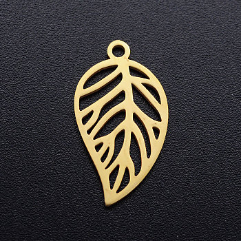 201 Stainless Steel Pendants, Leaf, Golden, 22x12x1mm, Hole: 1.4mm