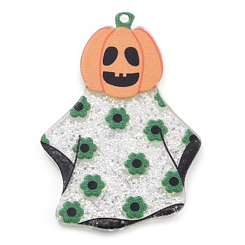 Halloween Printed Acrylic Pendants, with Glitter Powder, Pumpkin, 42x29.5x2.5mm, Hole: 1.5mm