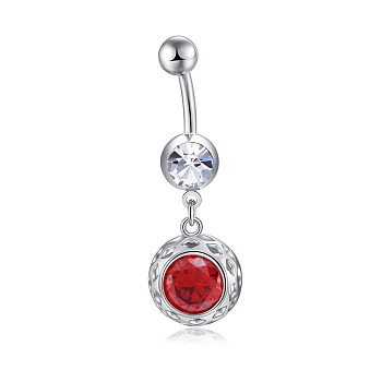 Brass Cubic Zirconia Navel Ring, Belly Rings, with 304 Stainless Steel Bar, Cadmium Free & Lead Free, Flat Round, Red, 39mm, Bar: 15 Gauge(1.5mm), Bar Length: 3/8"(10mm)