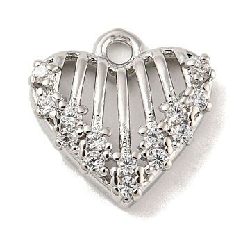 Valentine's Day Brass Micro Pave Cubic Zirconia Pendant
s, Long-Lasting Plated, Heart Charms, Platinum, 12x11.5x3mm, Hole: 1.4mm
