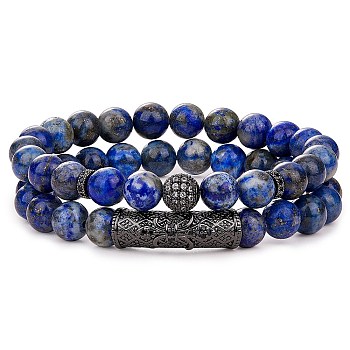 2Pcs 2 Style Natural Lapis Lazuli Stretch Bracelets Set, Cubic Zirconia Tube Beaded Gemstone Bracelets for Women, Inner Diameter: 2-1/8 inch(5.5cm),  1Pc/style