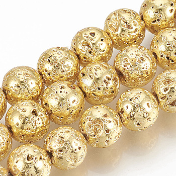 Electroplated Natural Lava Rock Beads Strands, Round, Bumpy, Golden Plated, 12~13mm, Hole: 1mm, about 31pcs/strand, 15.7 inch