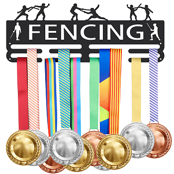 Fashion Iron Medal Hanger Holder Display Wall Rack, 3 Line, with Screws, Word Fencing, Sports Themed Pattern, 150x400mm