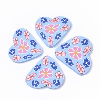 Handmade Polymer Clay Cabochons, Heart with Flower, Light Sky Blue, 17~22x20~23x2mm