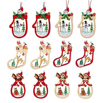 12Pcs 6 Style Mixed Shapes Wooden Ornaments, Christmas Tree Hanging Decorations, for Christmas Party Gift Home Decoration, Red, 2pcs/style