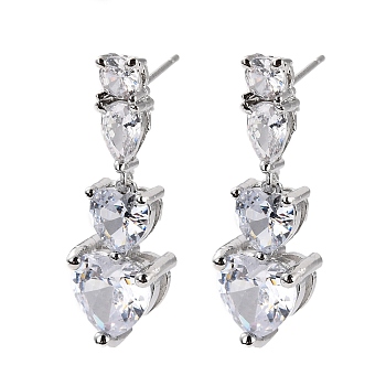 Heart Clear Cubic Zirconia Drop Earring, Dainty Dangle Stud Earrings for Her, Cadmium Free & Lead Free, Platinum, 28.5mm, Pin: 0.8mm