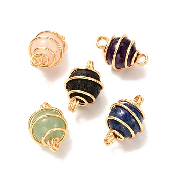 Natural Mixed Stone Links Connectors, with Real 18K Gold Plated Eco-Friendly Copper Wire, Round, 22.5x14mm, Hole: 3mm