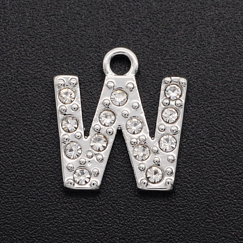 Alloy Rhinestone Charms, Platinum, Crystal, Letter, Letter.W, 12.5x11.5x2mm, Hole: 1.5mm