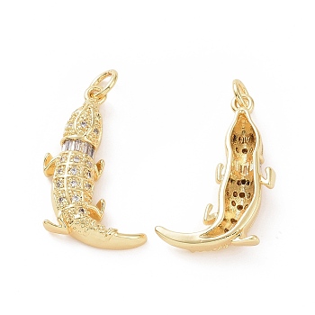 Brass Micro Pave Cubic Zirconia Pendants, Crocodile Charm, with Jump Ring, Golden, 23x15.5x5mm, Hole: 3mm