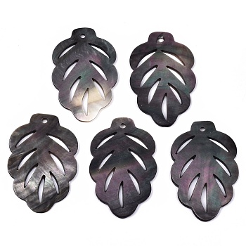 Natural Black Lip Shell Pendants, Leaf, 35x22x1mm, Hole: 1.6mm