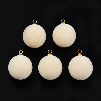 Flocky Acrylic Pendants, with Brass Findings, Round, Golden, PapayaWhip, 16x12mm, Hole: 1.6mm