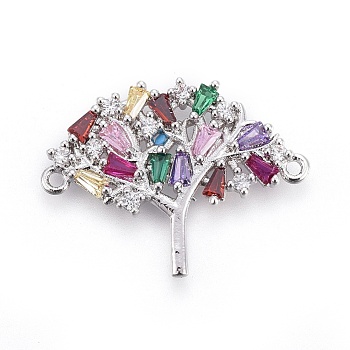 Brass Micro Pave Cubic Zirconia Links, Tree of Life, Colorful, Platinum, 19x25x2.5mm, Hole: 1.2mm