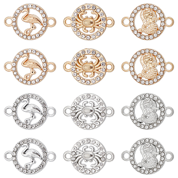 36Pcs 6 Styles Alloy Crystal Rhinestone Connector Charms, Flat Round Links, Platinum & Light Gold, 16x22.5~23x2.5~3mm, Hole: 2~2.5mm, 6pcs/style