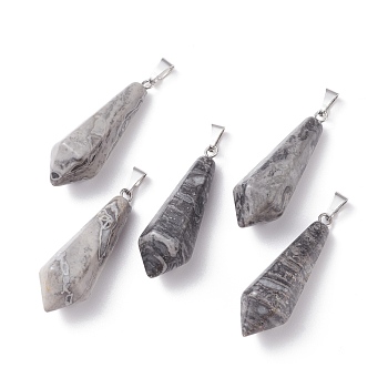 Natural Map Stone Pointed Pendants, with Platinum Plated Brass Loops, Bullet, 35.3~38x13~14mm, Hole: 6.5x2.8mm