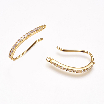 Brass Cubic Zirconia Earring Hooks, with Horizontal Loop, Real 18K Gold Plated, 21x2x2mm, Hole: 1mm, 21 Gauge, Pin: 0.7mm