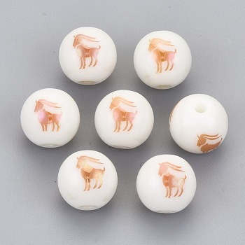 Electroplate Glass Beads, Round with Constellations Pattern, Rose Gold Plated, Capricorn, 10mm, Hole: 1.2mm
