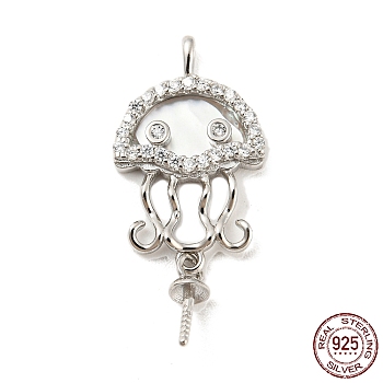 Rhodium Plated 925 Sterling Silverr Micro Pave Cubic Zirconia with Sea Shell Peg Bails, Medusa, Real Platinum Plated, 25x11.5x2.5mm, Hole: 2.5x1.4mm, Pin: 0.7mm