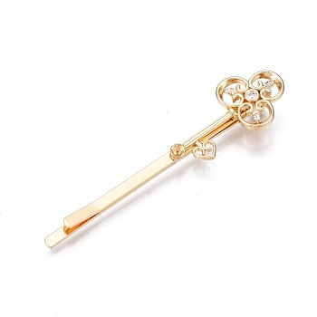 Brass Micro Pave Clear Cubic Zirconia Hair Bobby Pin Findings, Nickel Free, Flower, Real 18K Gold Plated, 63.5x15x7mm, Pin: 0.7mm(for Half Drilled Beads)