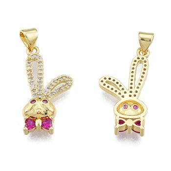 Brass Micro Pave Cubic Zirconia Pendants, Rabbit with Bowknot, Real 18K Gold Plated, 26x13x3mm, Hole: 3.5x4mm