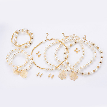 304 Stainless Steel Jewelry Sets, Ball Stud Earrings & Necklaces & Bracelets, with Plastic Beads, Golden, 15.1~16.7 inch(38.5~42.5cm), 17x6mm, 2-1/8 inch~2-1/4 inch(5.4~5.7cm)