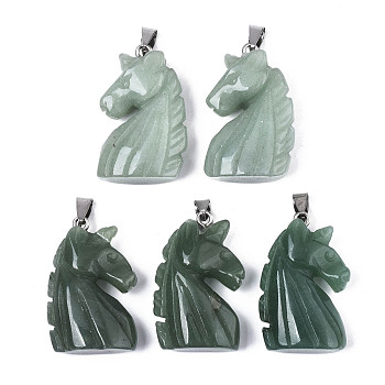 Carved Natural Green Aventurine Pendants, with Stainless Steel Bails, Unicorn, Stainless Steel Color, 38~41x11~14x24~25mm, Hole: 9x4mm