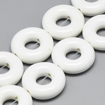 Handmade Porcelain Beads, Bright Glazed Porcelain, Donut, White, 18~18.5x6~6.5mm, Hole: 2mm